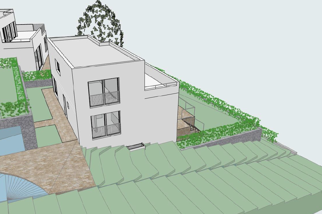 Außenansicht eines modernen Wohnhauses mit Garten- und Dachansicht