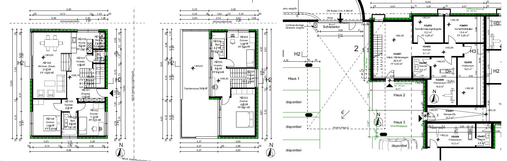 Grundriss mit mehreren Wohneinheiten und Außenflächen