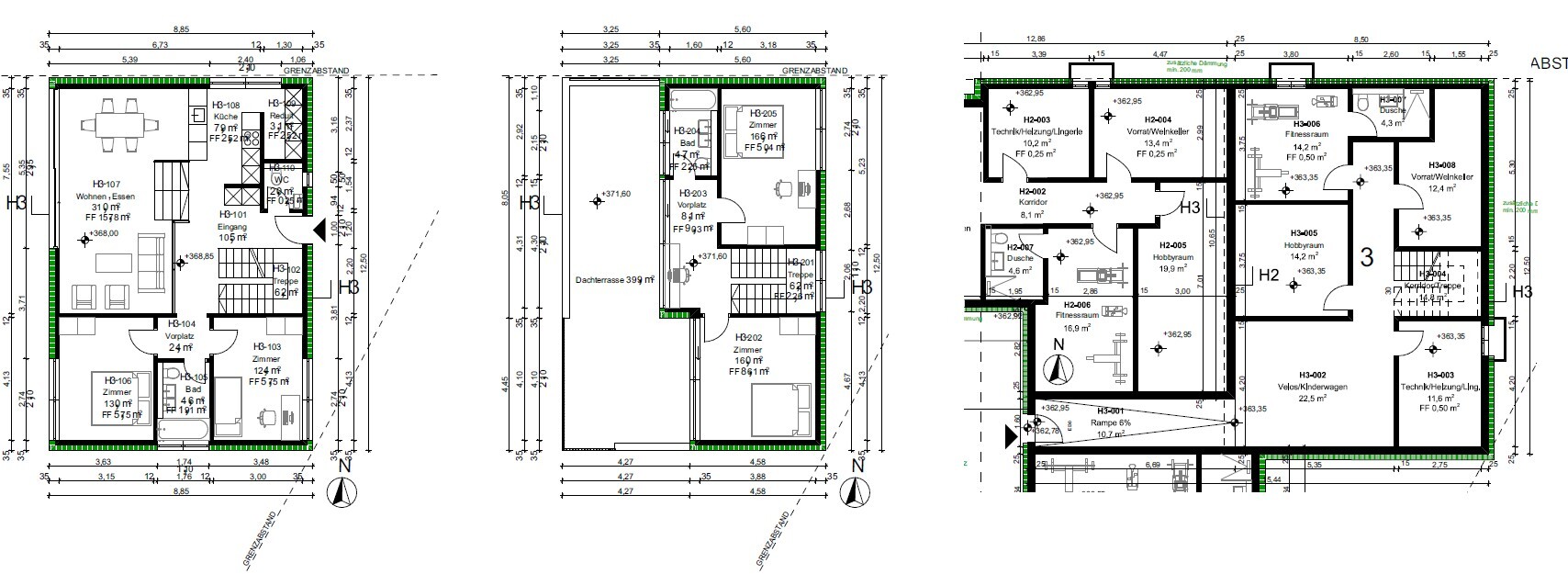 Grundriss mit mehreren Ebenen und Nutzräumen
