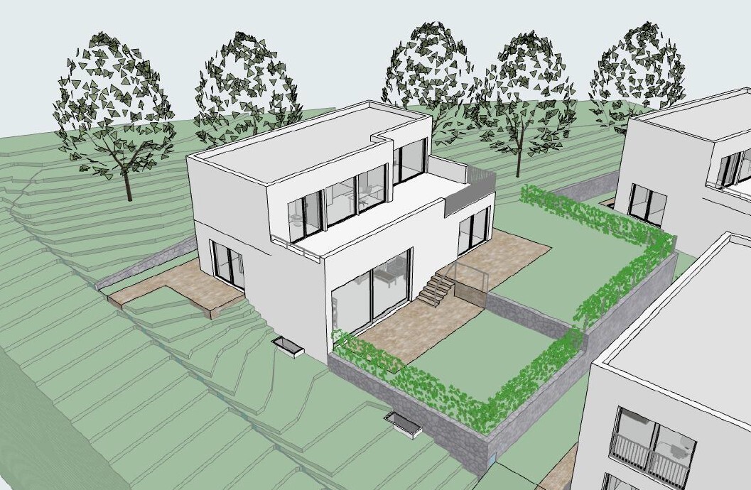 3D-Architekturmodell eines modernen Einfamilienhauses mit Garten