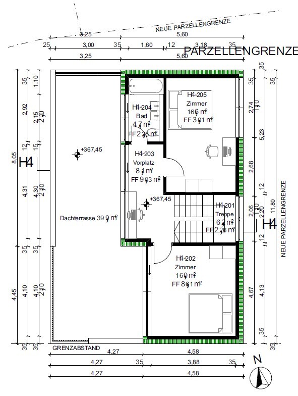 Grundriss einer Dachgeschosswohnung mit Dachterrasse