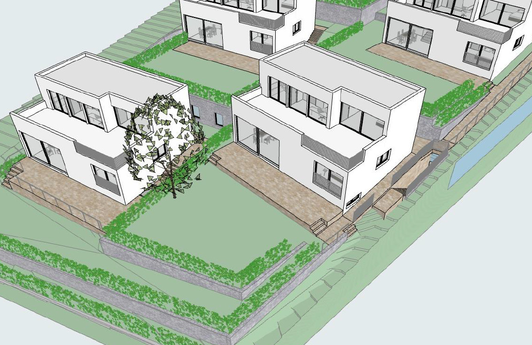 Außenansicht moderner Wohnhäuser mit Terrassen und Gärten