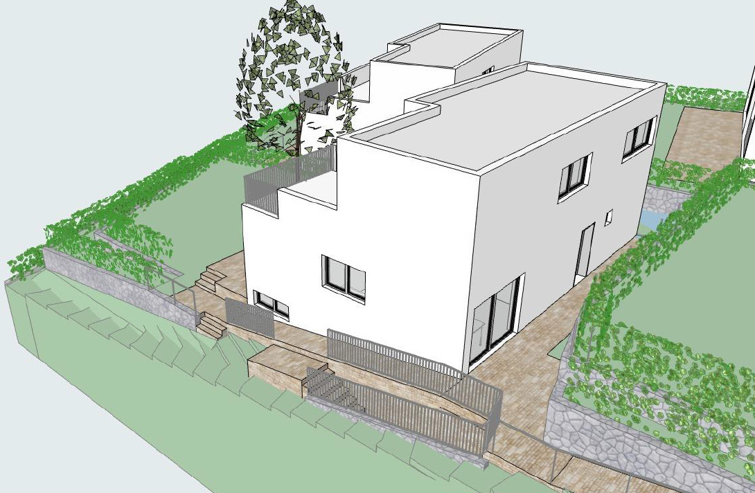 Außenansicht eines modernen Wohnhauses mit Garten