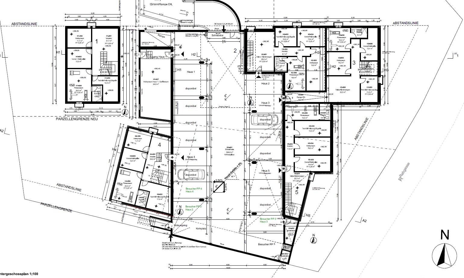 Grundriss eines Untergeschosses mit mehreren Einheiten und Stellplätzen