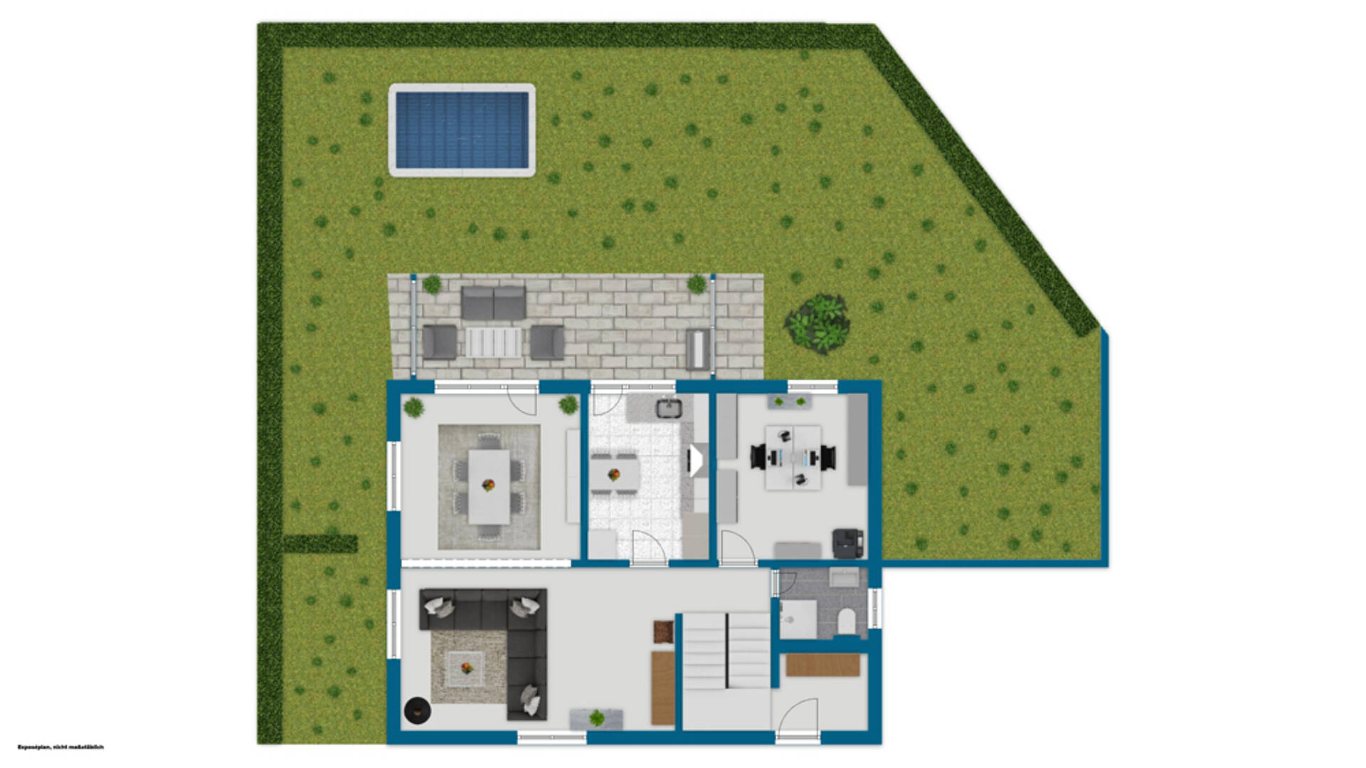 Grundriss eines Hauses mit Garten und Terrasse
