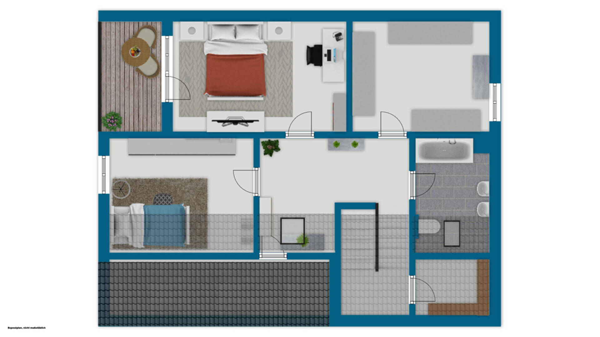 Grundriss einer Wohnfläche mit Schlafzimmer, Bad, Wohnbereich und Terrasse