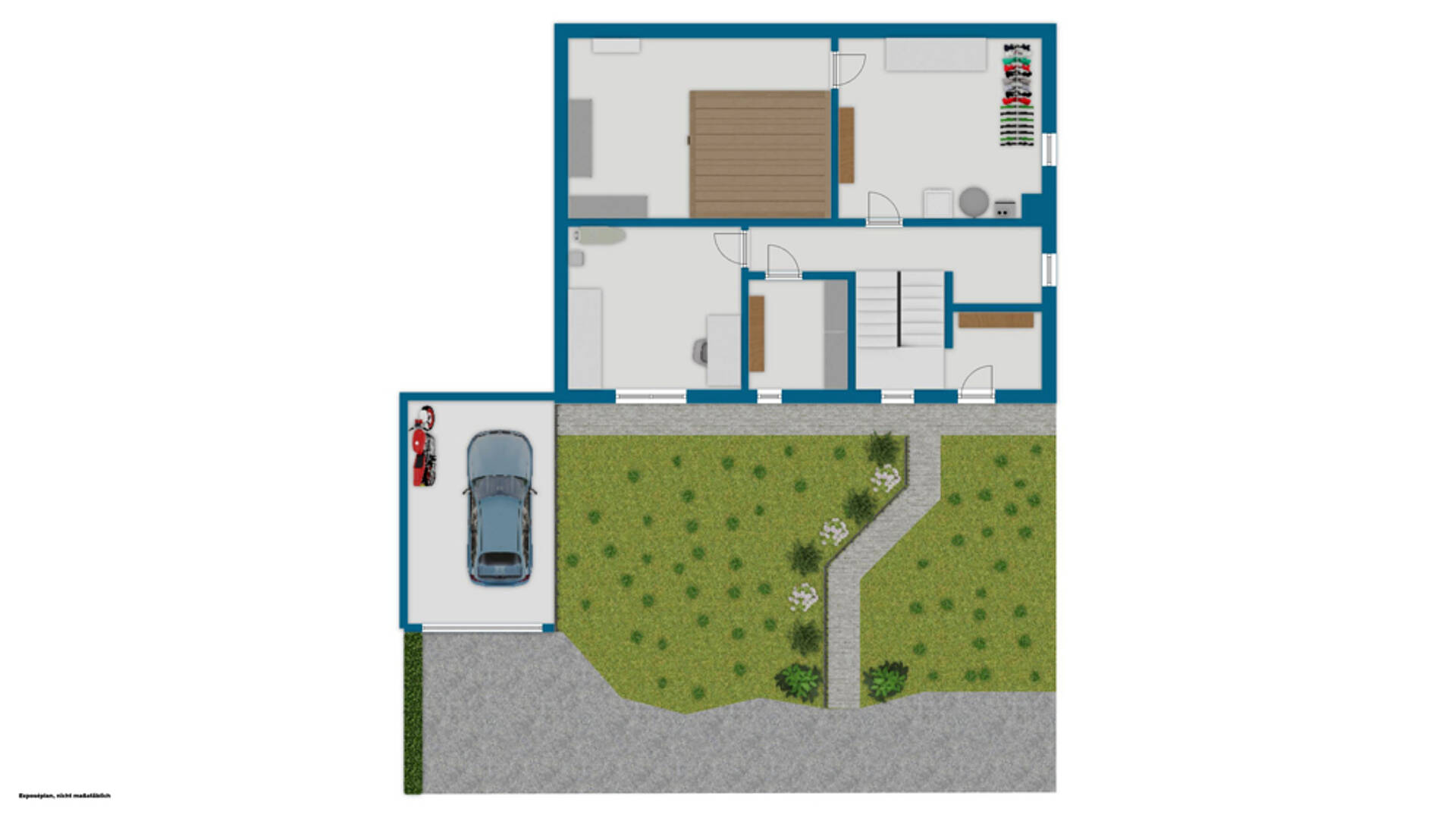 Grundriss mit Haus, Garage und Garten
