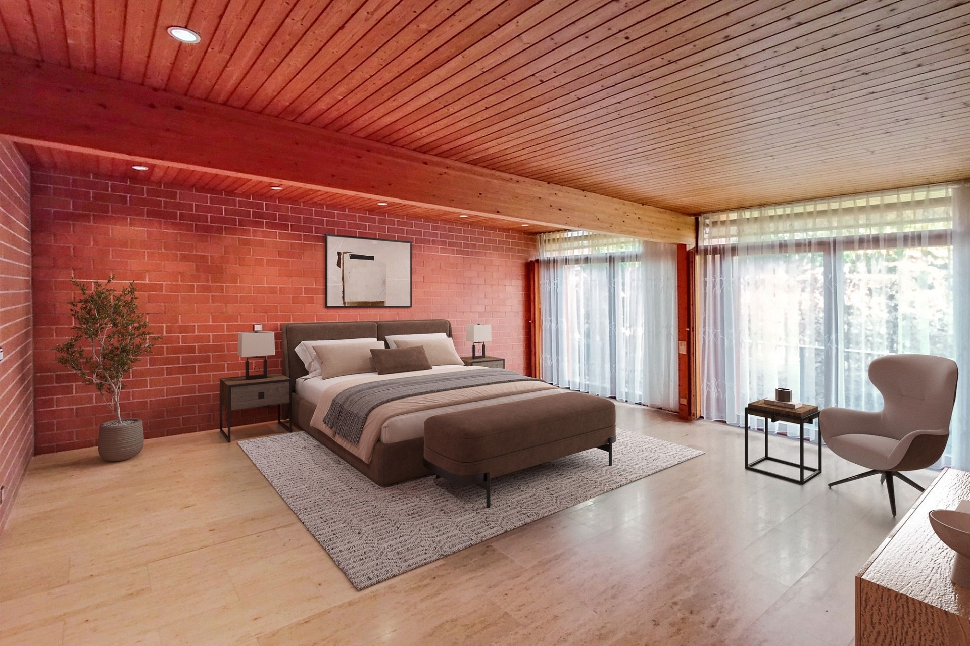 Modernes Schlafzimmer mit warmen Holzelementen