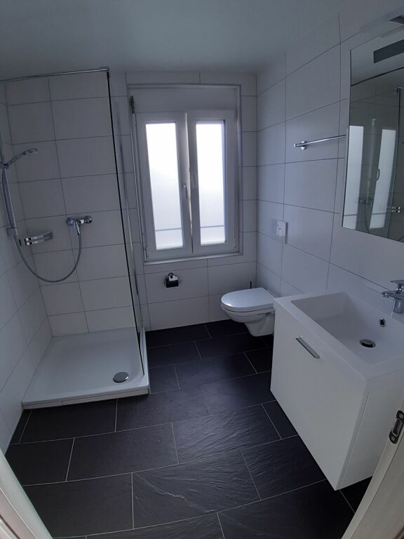 Modernes Badezimmer mit Dusche und Fenster
