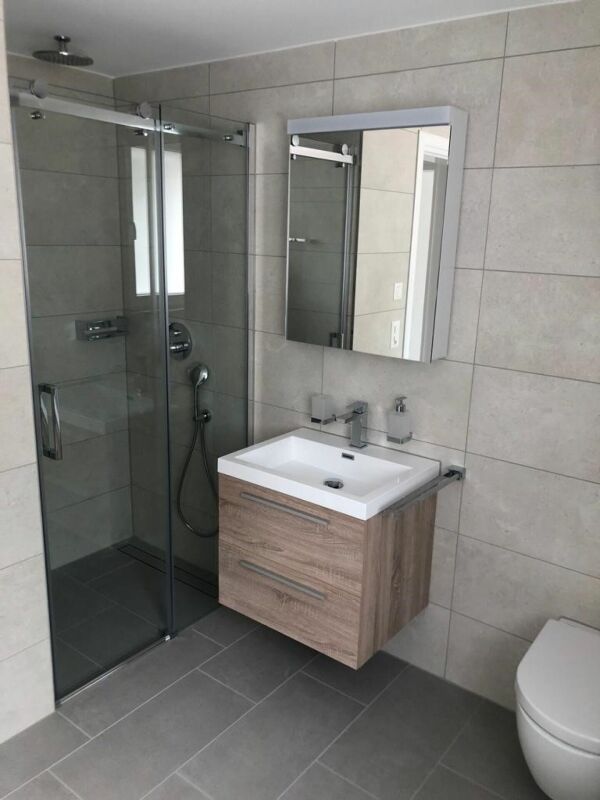 Modernes Badezimmer mit Dusche und Waschtisch