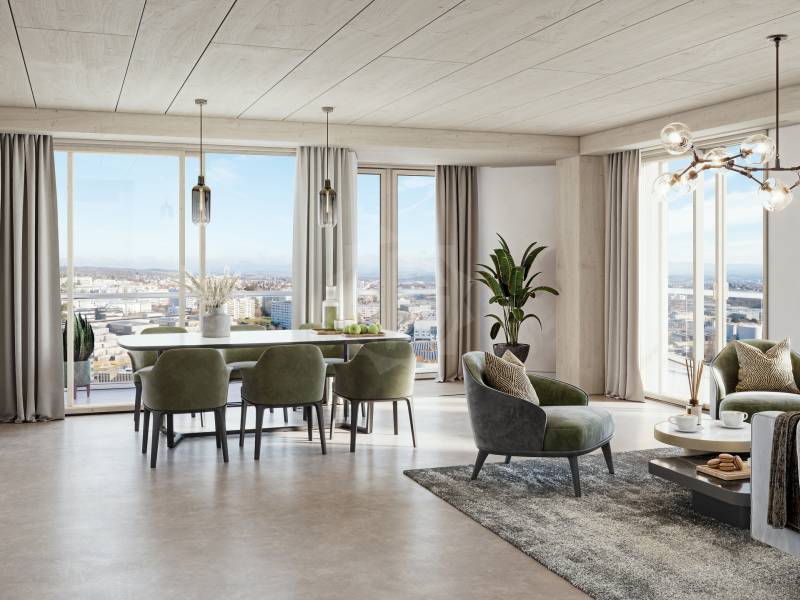 Modernes Wohn- und Esszimmer mit Panoramablick