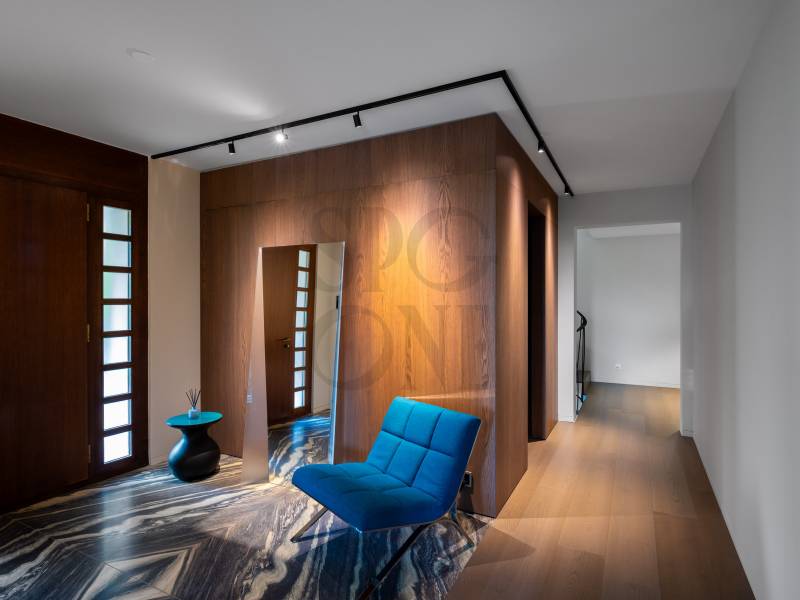 Moderner Flur mit Holzverkleidung und blauem Sessel