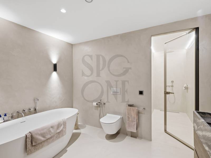 Modernes Badezimmer mit freistehender Wanne und begehbarer Dusche