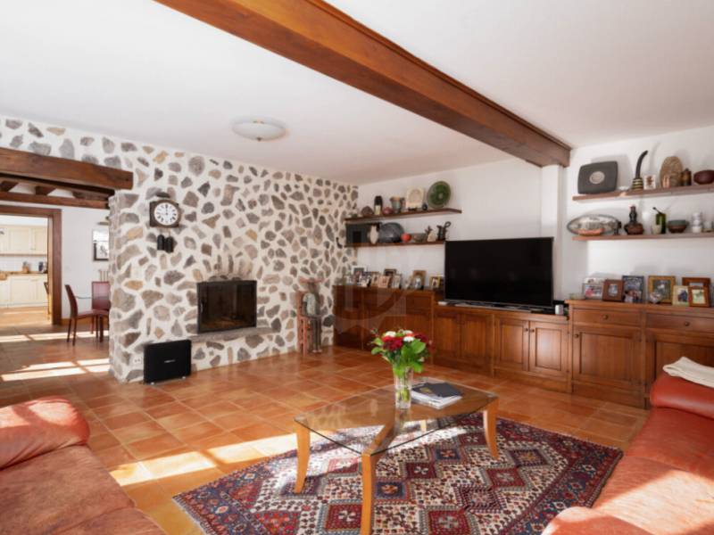 Gemütliches Wohnzimmer mit rustikalem Steinwand-Kamin