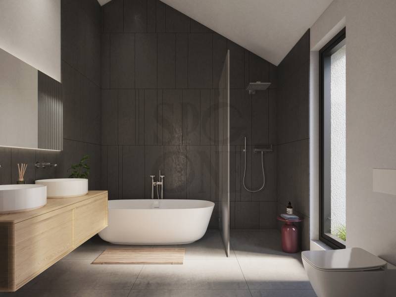 Modernes Badezimmer mit freistehender Wanne