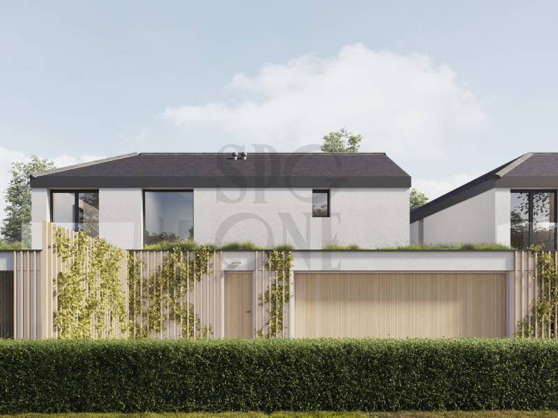 Modernes Einfamilienhaus mit Vorgarten und Garagentor