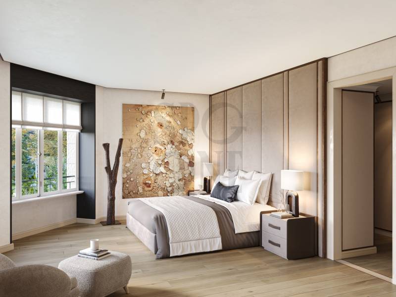 Modernes Schlafzimmer mit Fenster und Akzentwand