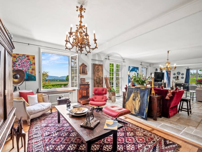 Großzügiges, kunstvoll eingerichtetes Wohnzimmer mit offenem Essbereich und weitem Ausblick
