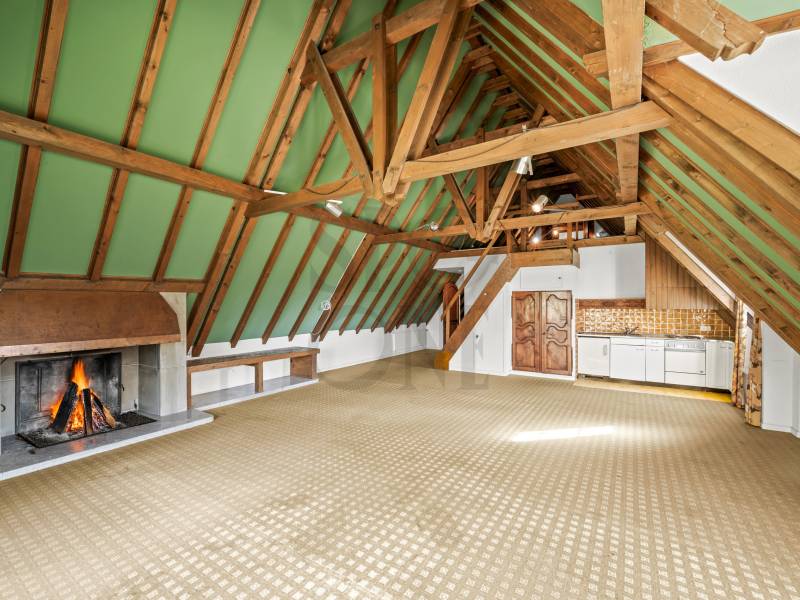 Dachgeschoss mit Kamin und kleiner Küchenzeile