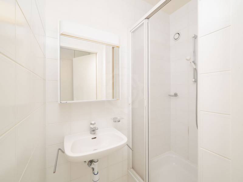 Kleines weißes Bad mit Dusche und Waschbecken