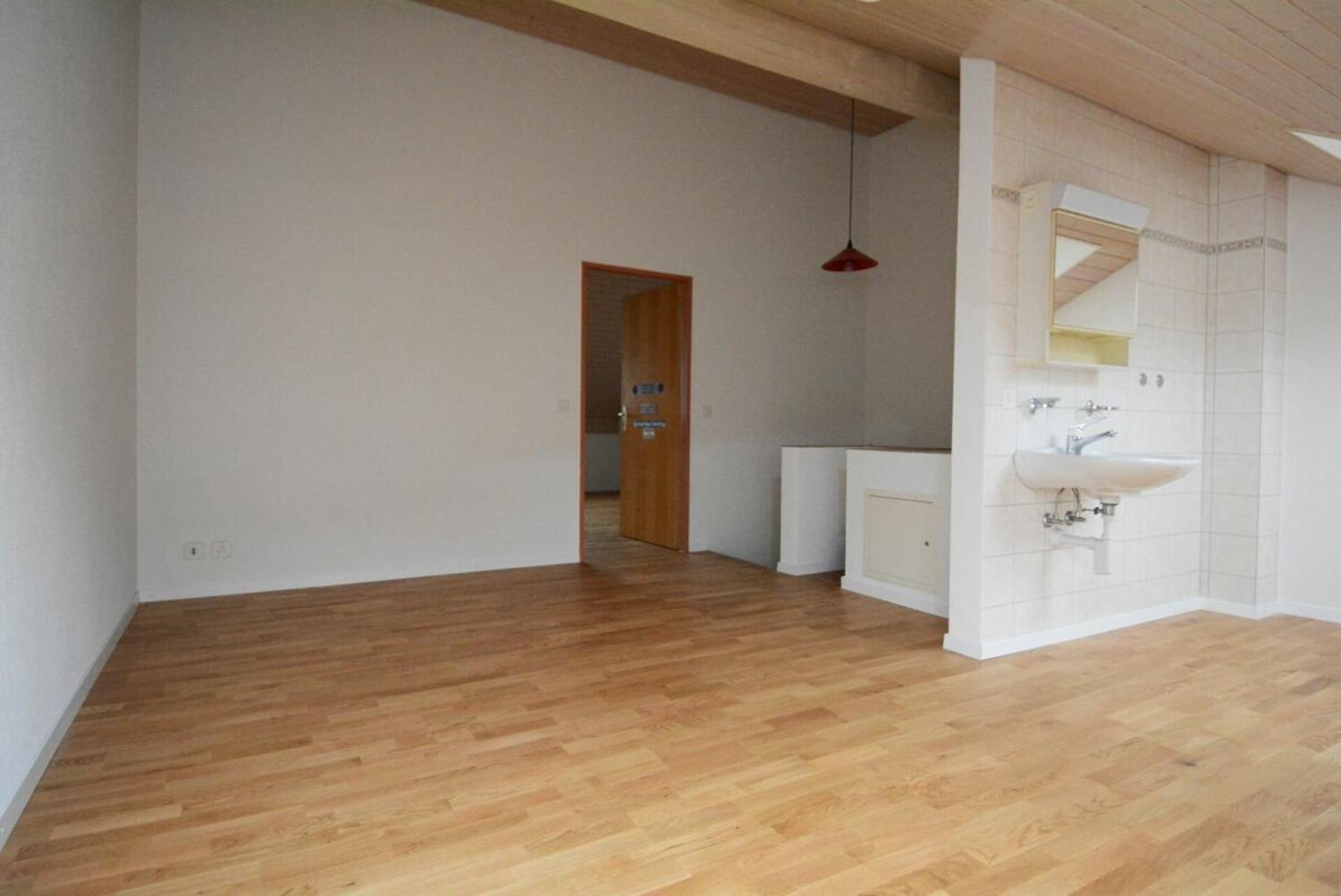 Innenraum mit Holzdecke und Waschbereich