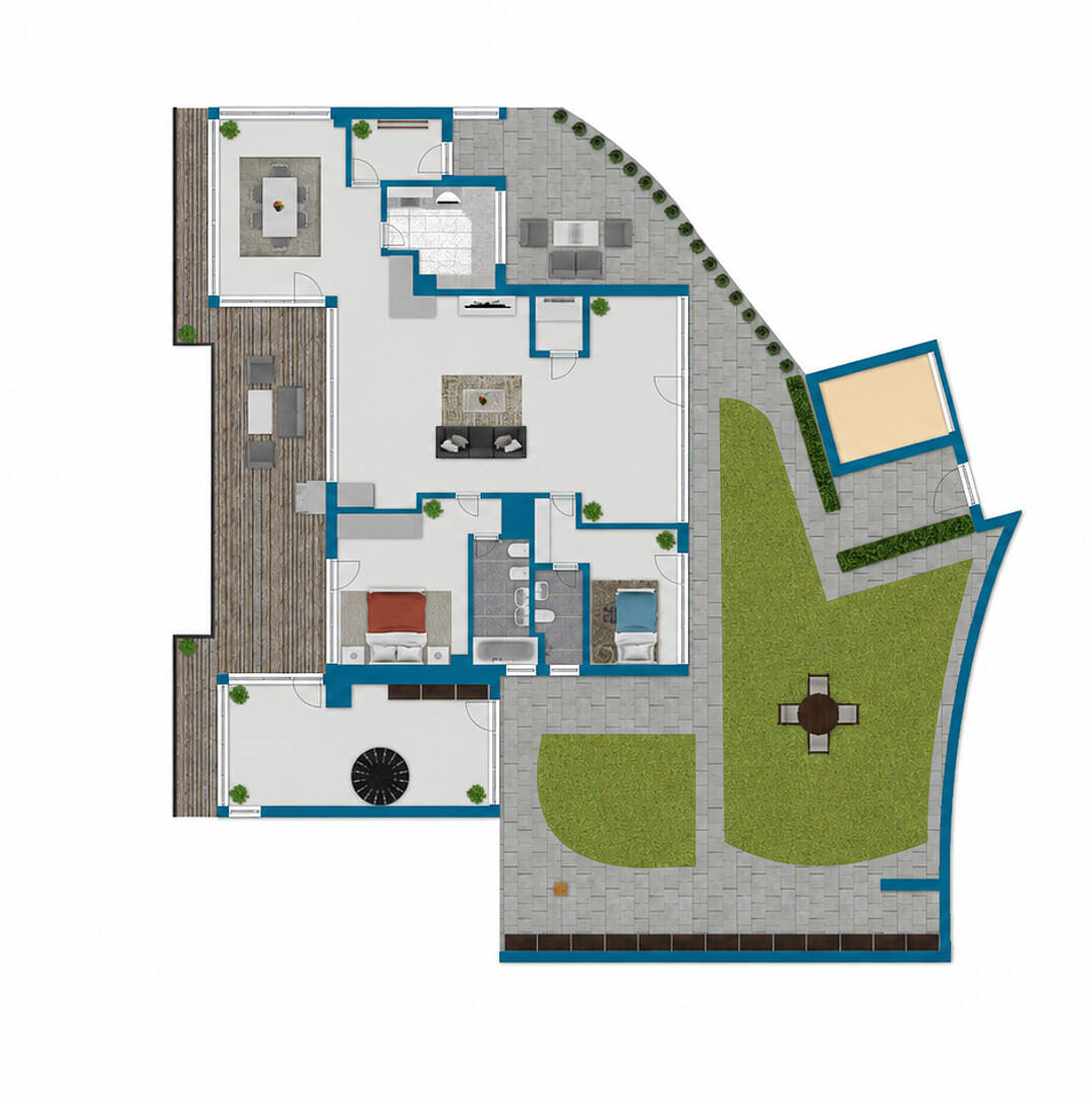 Grundriss einer großzügigen Wohn- und Gartenanlage