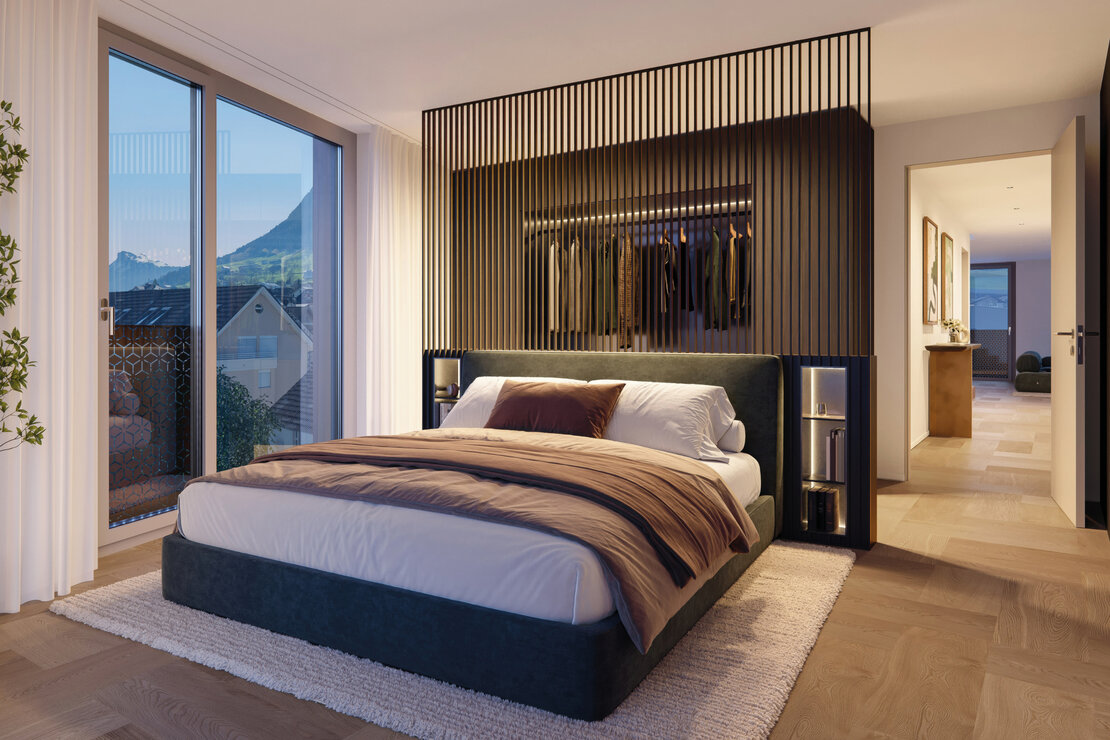 Modernes Schlafzimmer mit Ausblick und begehbarem Ankleidebereich