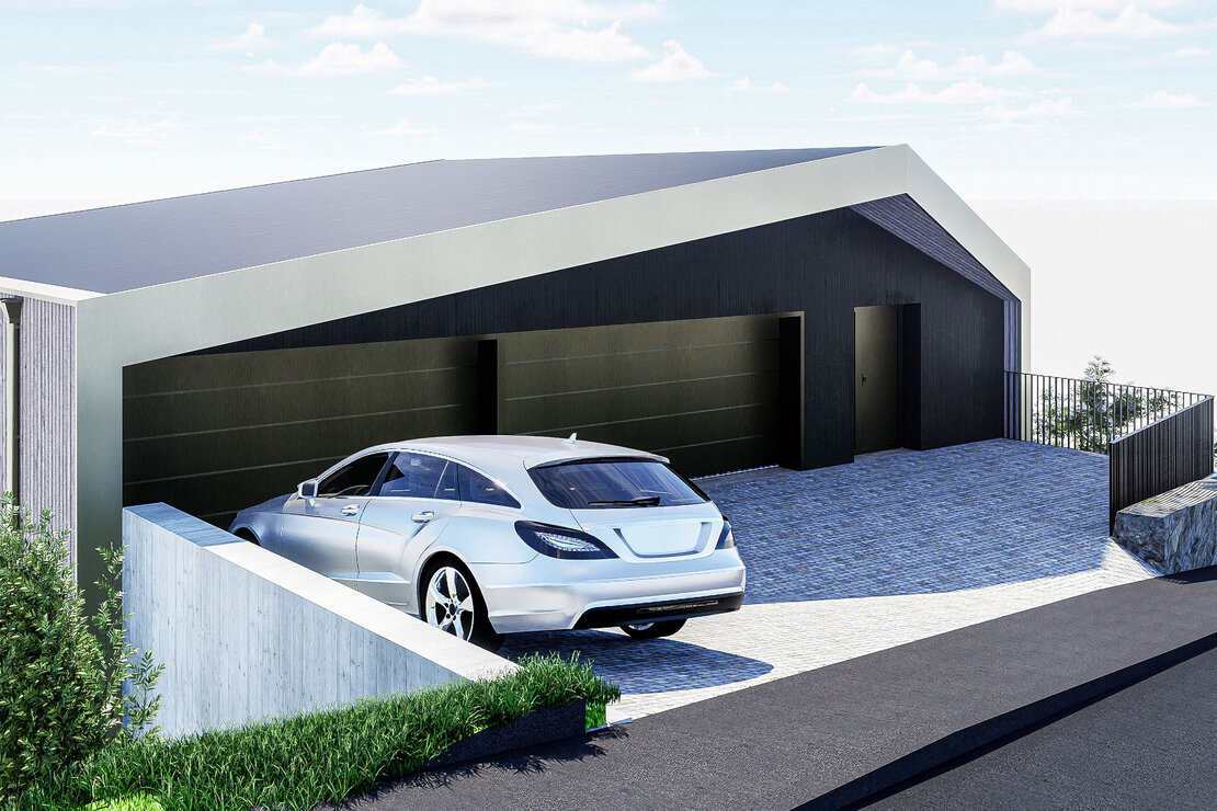 Moderne Garage mit Fahrzeugzufahrt