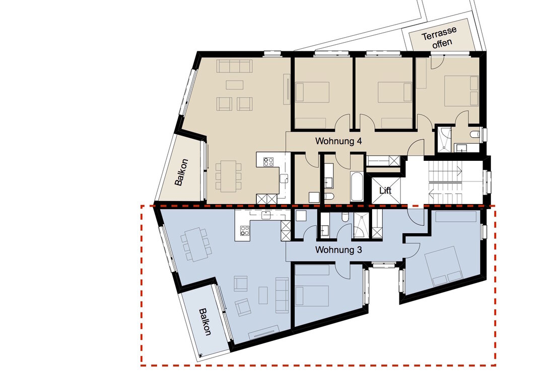 Grundriss mit zwei Wohnungen, Balkon und Terrasse