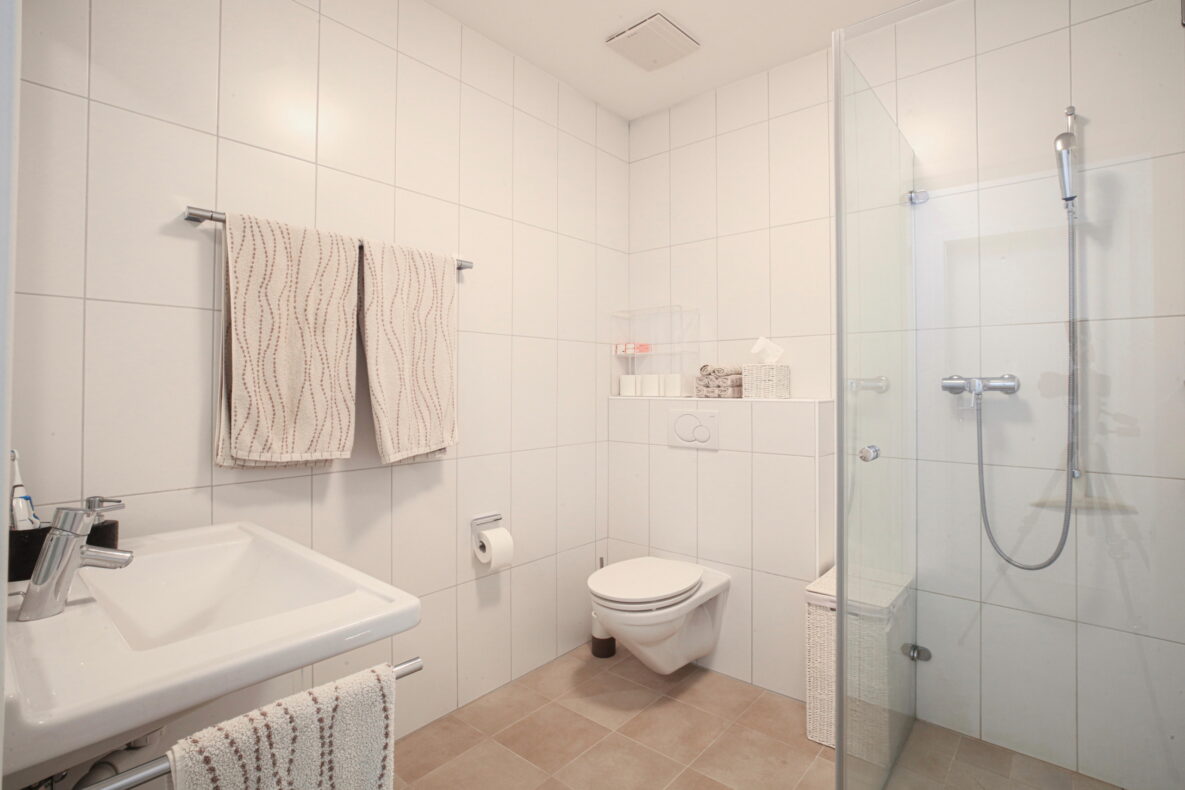 Modernes Badezimmer mit Dusche und wandhängendem WC