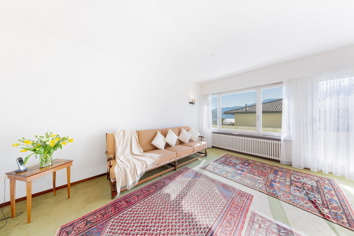 Heller Wohnraum mit Sofa und Blick ins Freie
