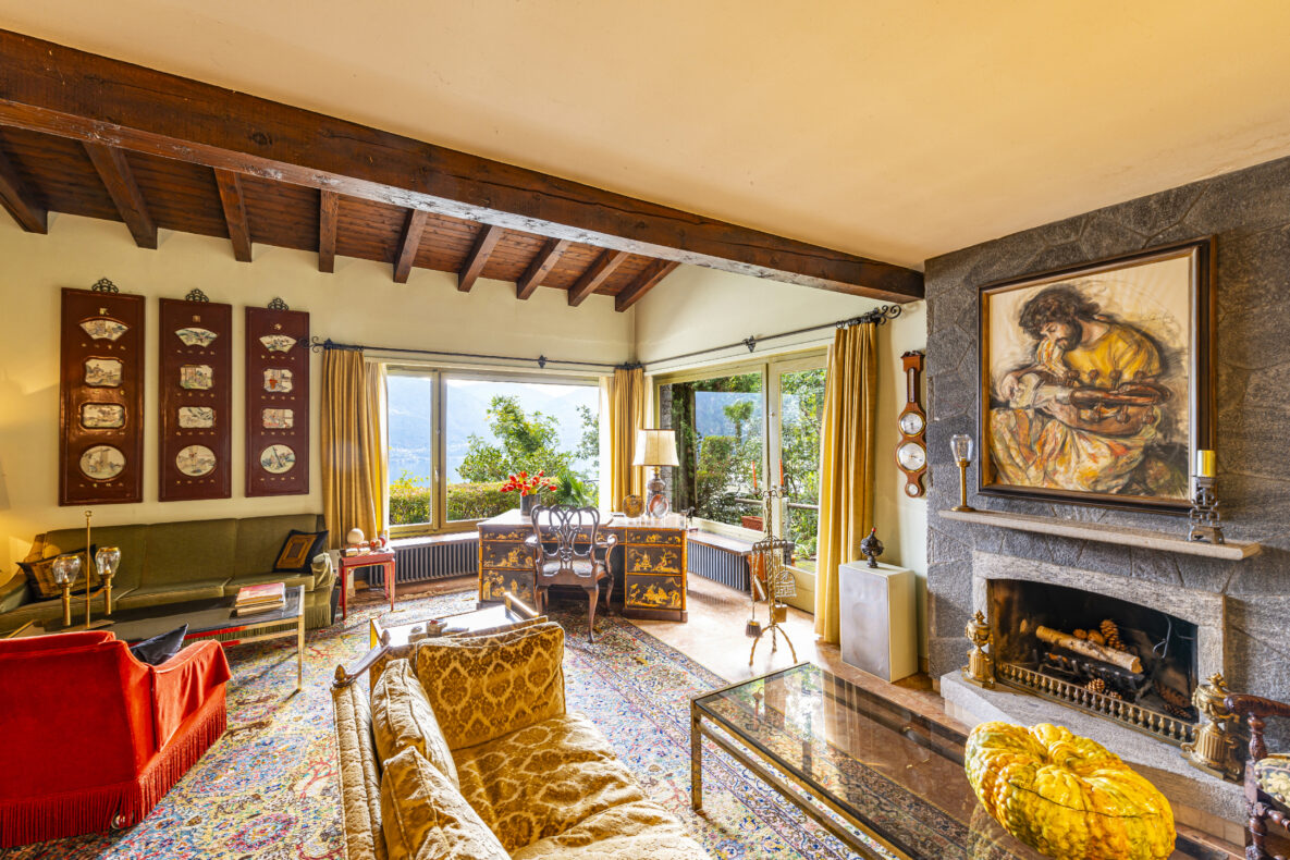 Elegantes Wohnzimmer mit Kamin und Panoramafenstern