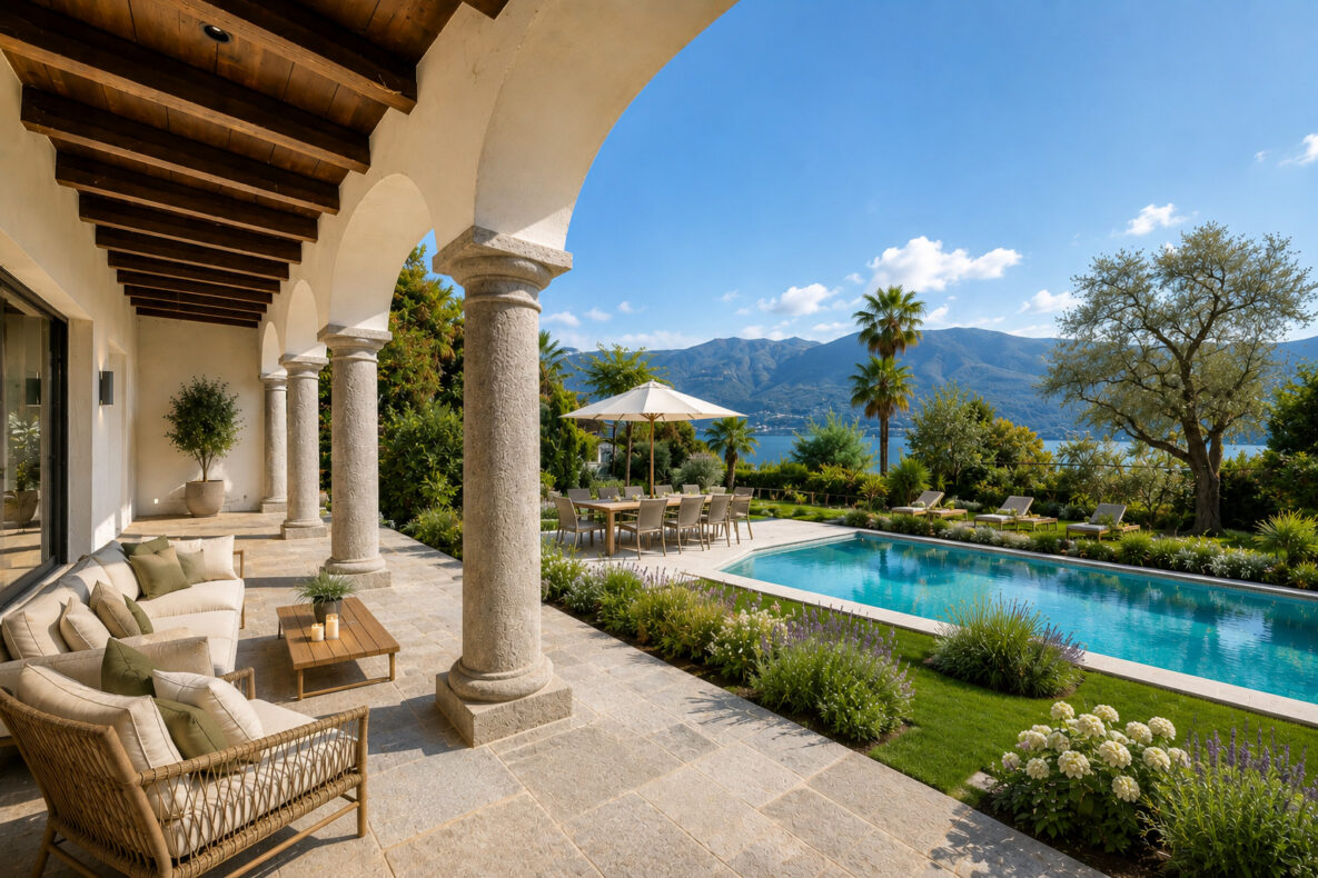Luxuriöse mediterrane Terrasse mit Pool und Seeblick
