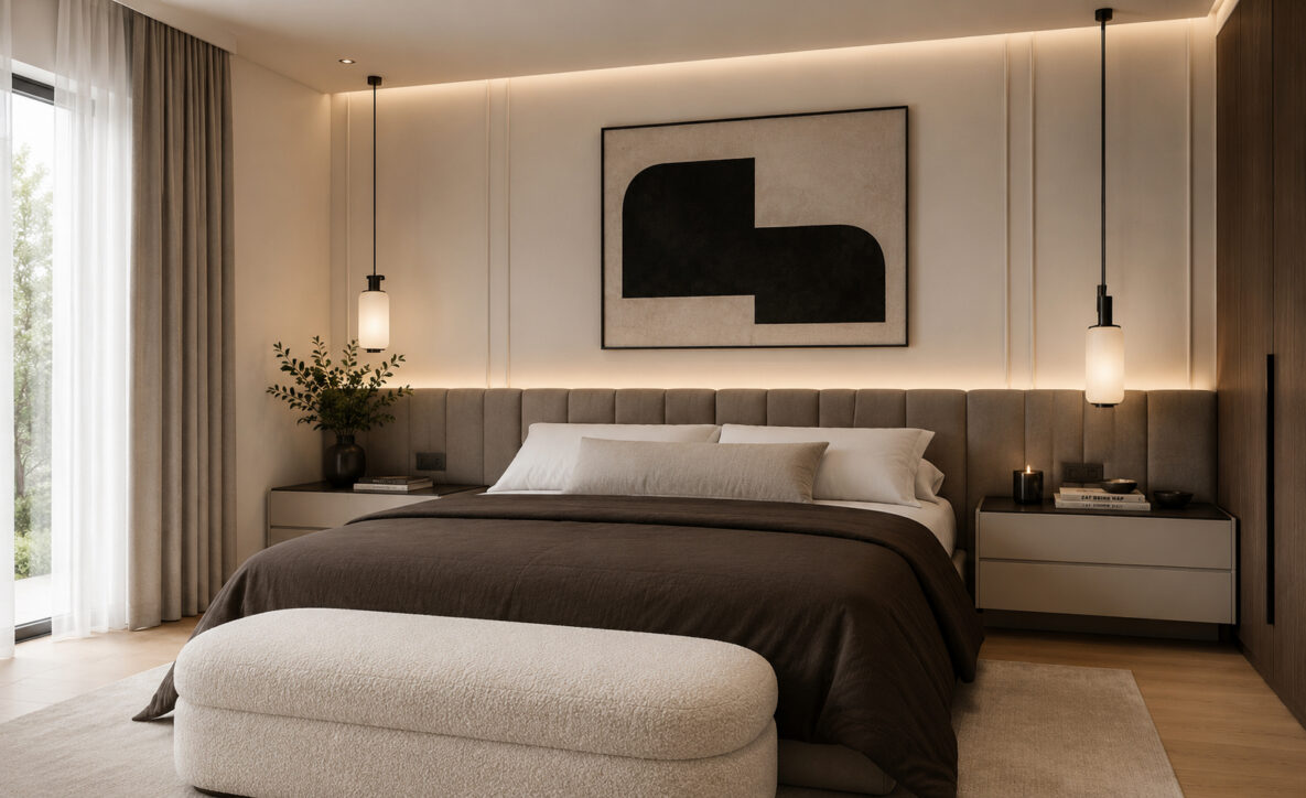 Modernes Schlafzimmer mit warmer Ambientebeleuchtung