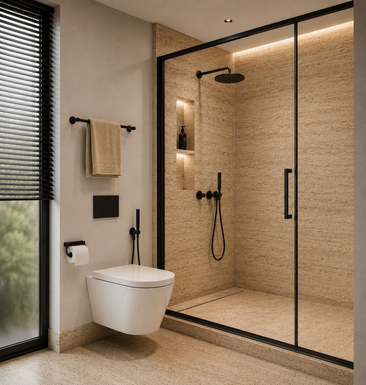 Modernes Bad mit begehbarer Dusche und wandhängendem WC