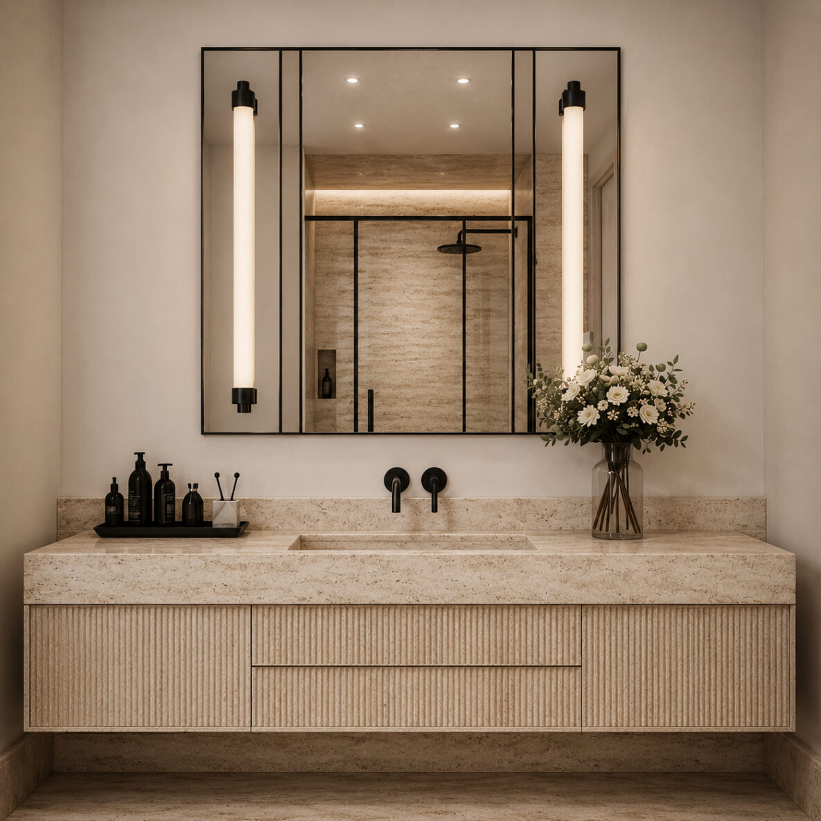 Modernes Badezimmer mit Naturstein und Spiegelwand