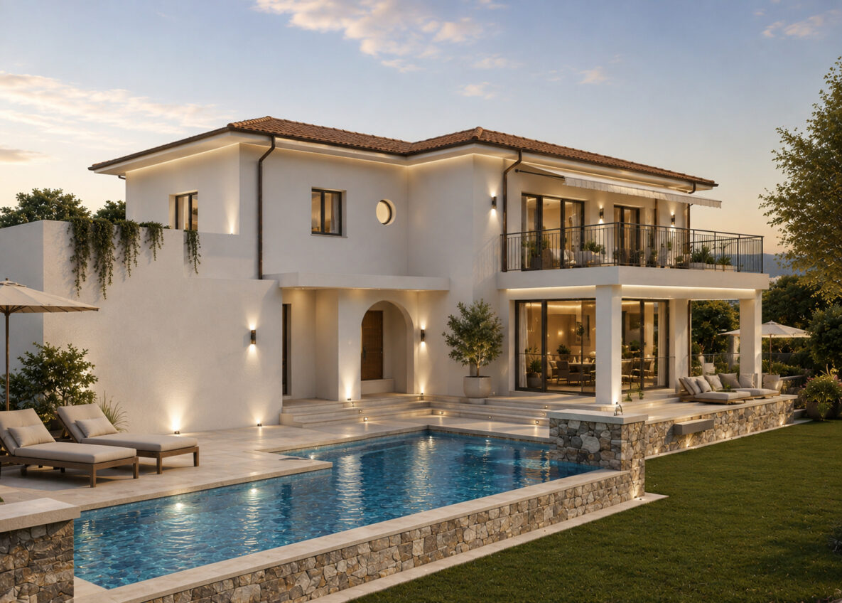 Luxuriöse Villa mit Pool bei Sonnenuntergang
