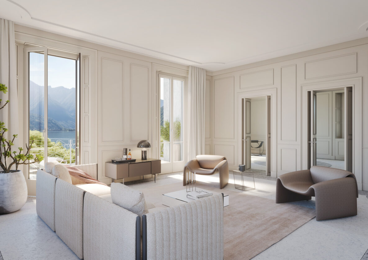 Helles, elegantes Wohnzimmer mit Seeblick