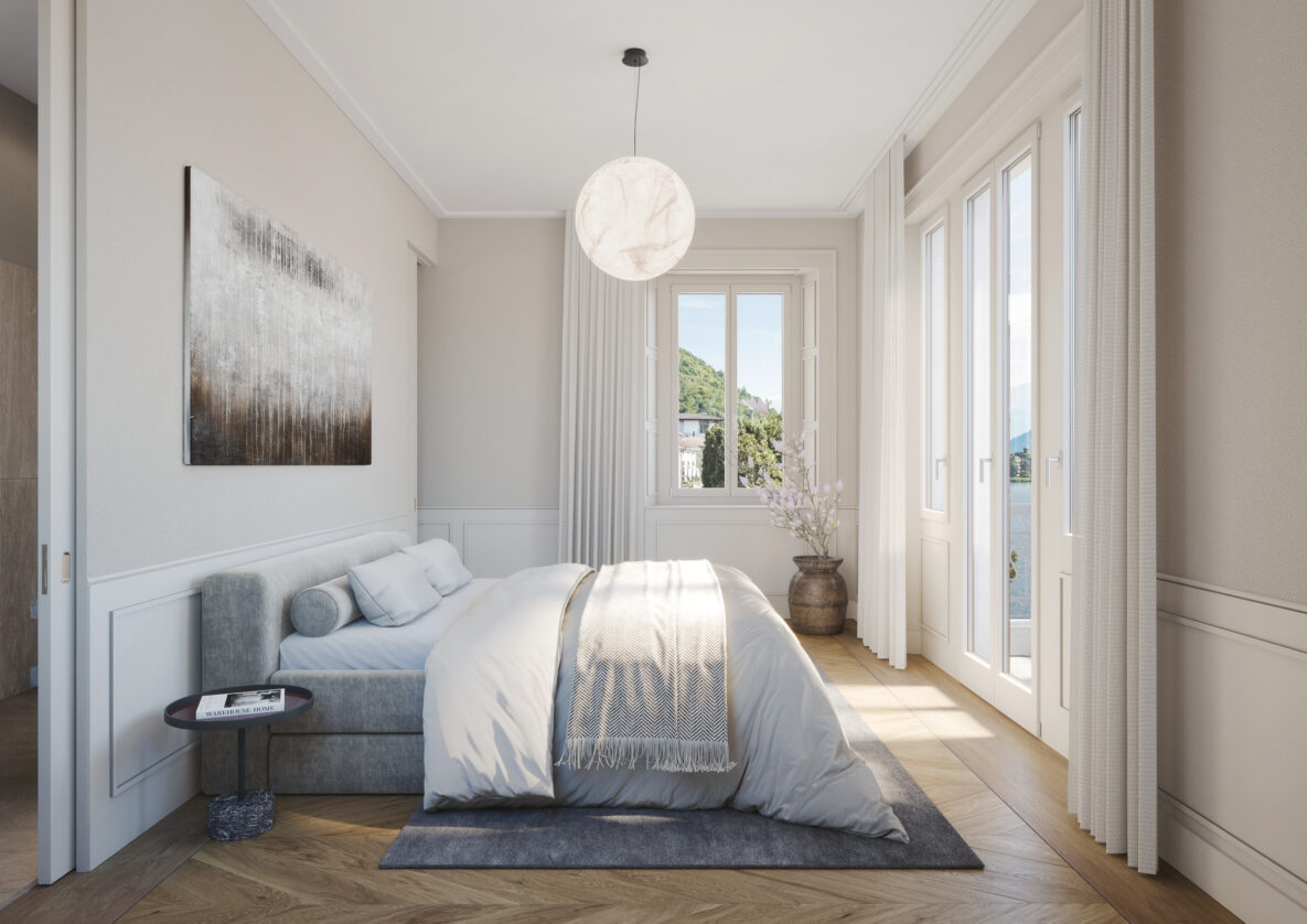 Helles Schlafzimmer mit großem Fenster und französischen Türen