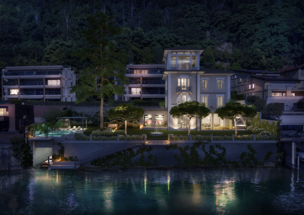 Luxuriöses Villenanwesen am Wasser bei Nacht
