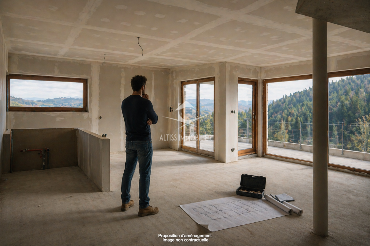 Rohbau-Wohnraum mit Bergblick