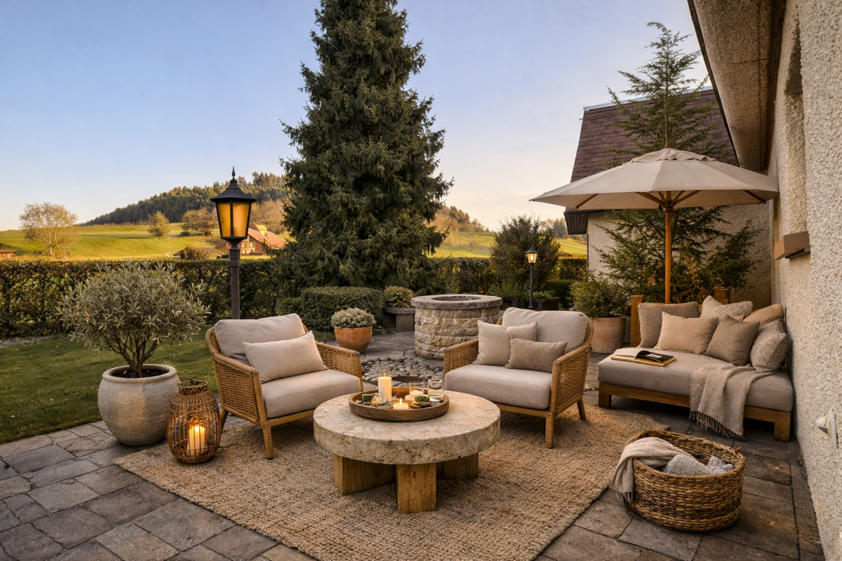 Gemütliche Outdoor-Lounge mit Blick ins Grüne