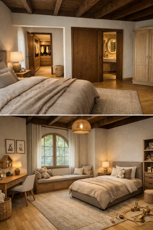Gemütliches Schlafzimmer mit Ankleidezugang und Holzdeckenbalken