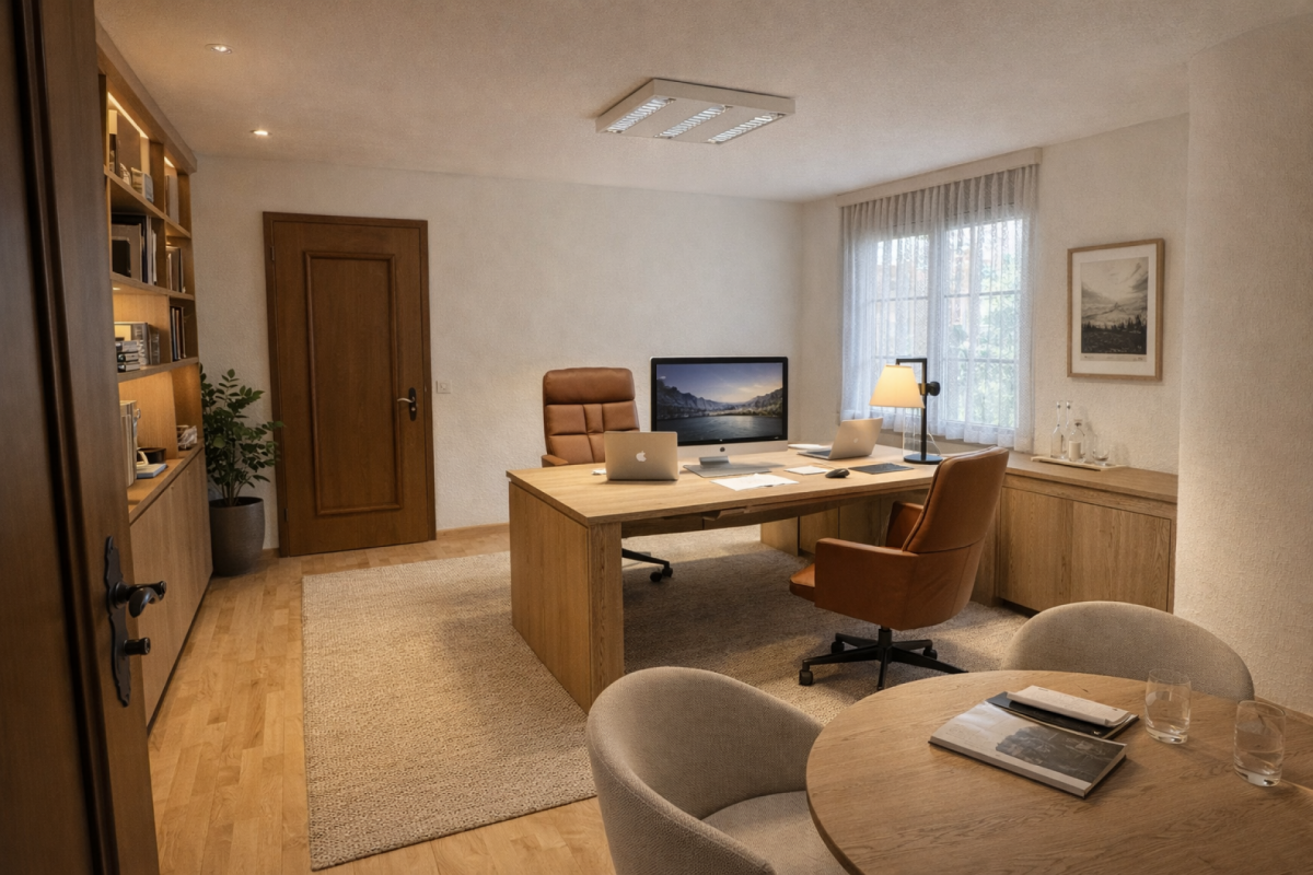 Büro mit Holzmöbeln und warmem Tageslicht