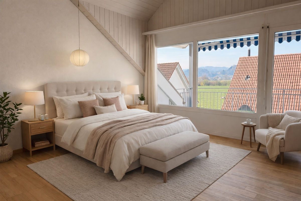 Helles Schlafzimmer mit Panoramafenster