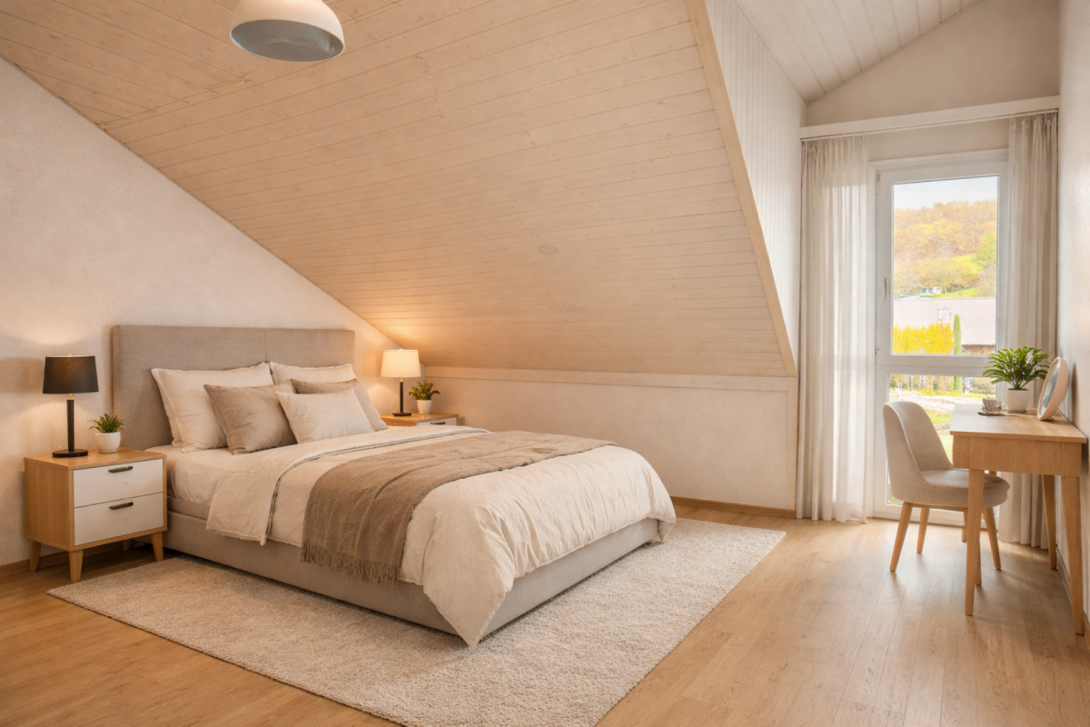 Helles Dachgeschoss-Schlafzimmer mit Arbeitsplatz