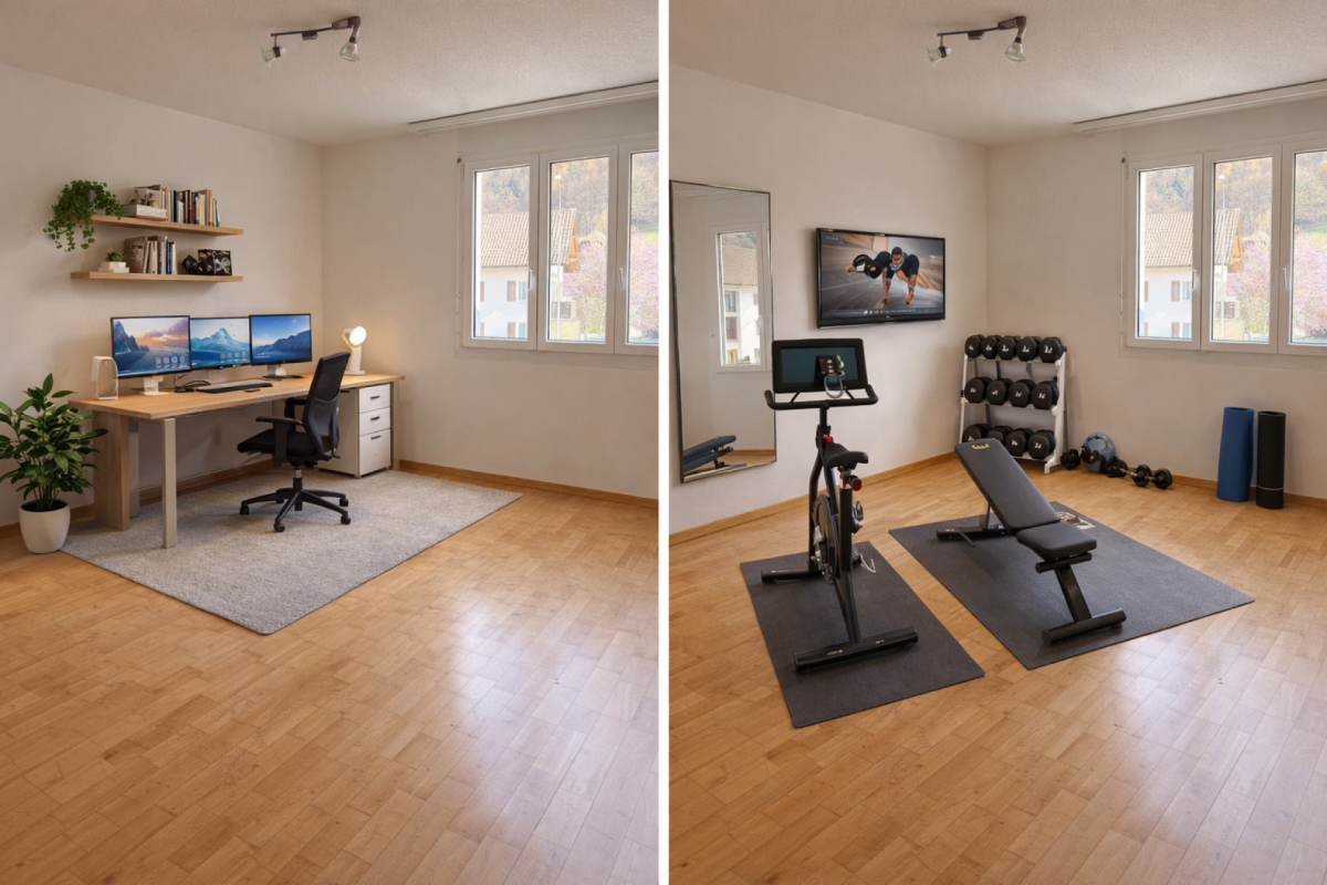 Heller Mehrzweckraum mit Homeoffice und Fitnessbereich