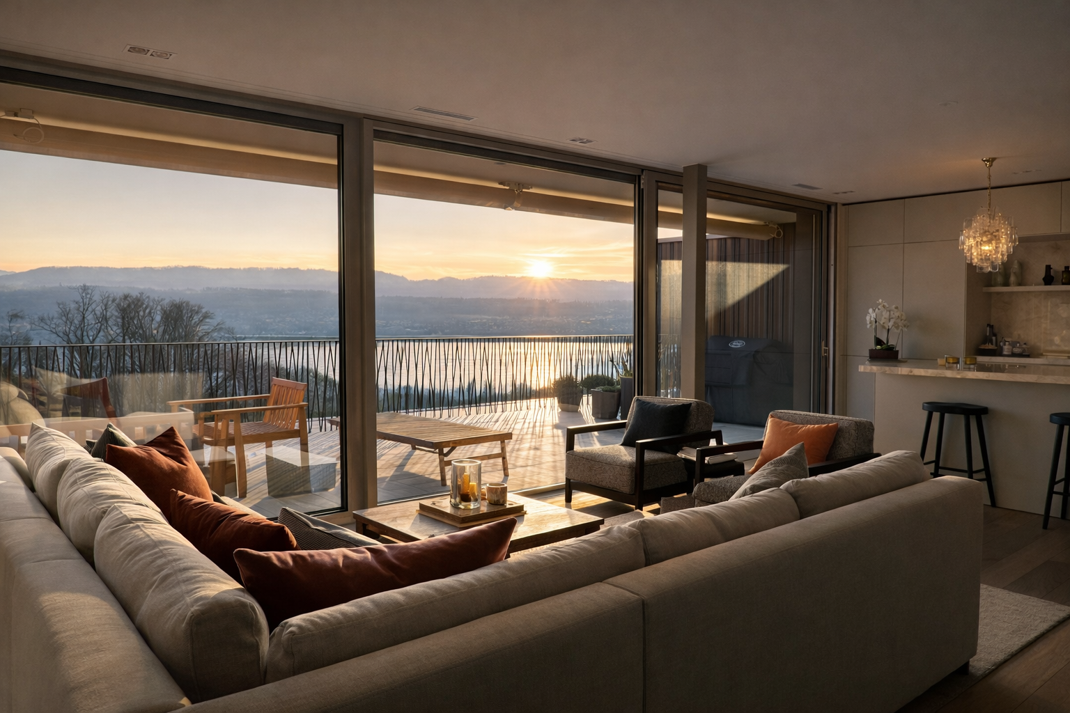 Luxuriöses Wohn-Esszimmer mit Panoramablick