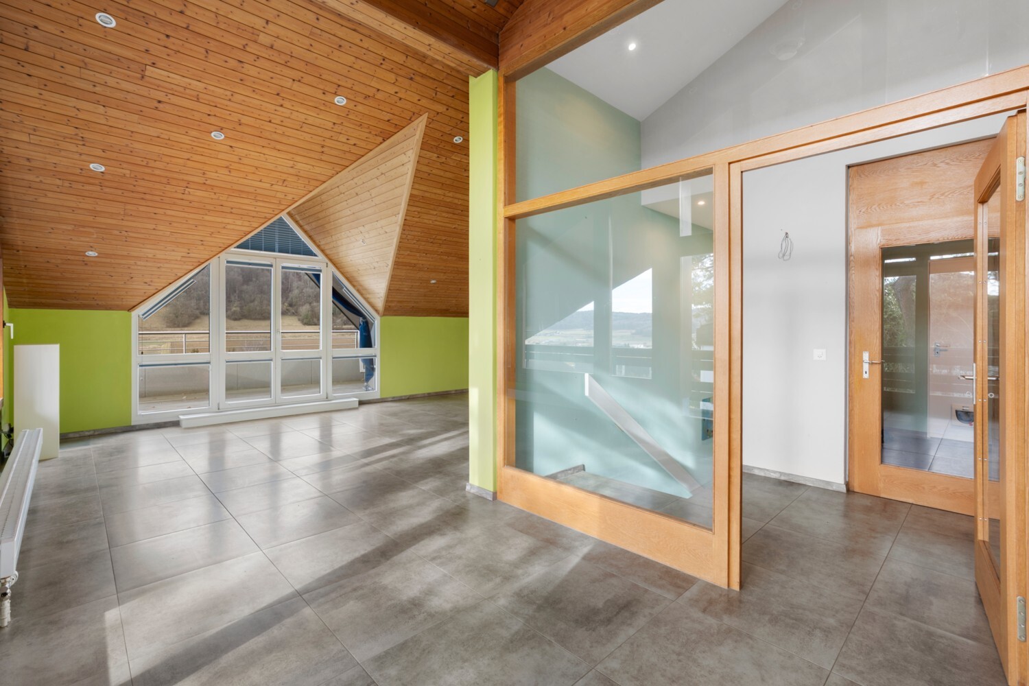 Großer Innenraum mit Holzdecke und Blick ins Freie