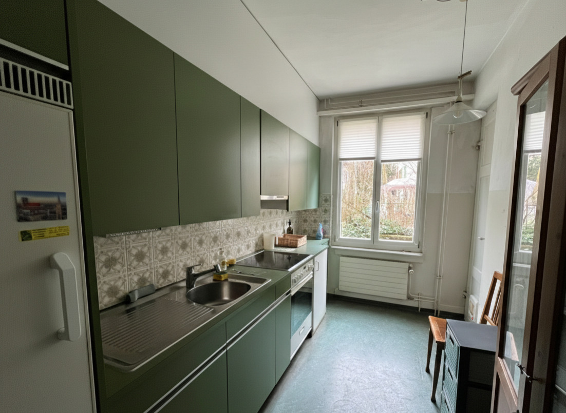 Schmale Küche mit grünem Mobiliar